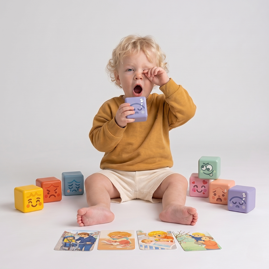 Barn efterligner ansigtsudtrykket på en TUMLE MOODBLOCKS™ klods