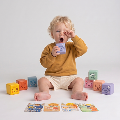 Barn efterligner ansigtsudtrykket på en TUMLE MOODBLOCKS™ klods