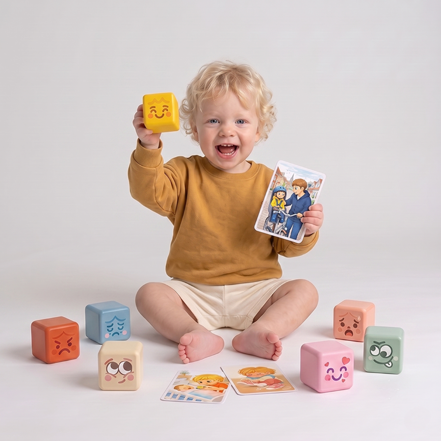 Lille barn holder en TUMLE MOODBLOCKS™ klods op og griner