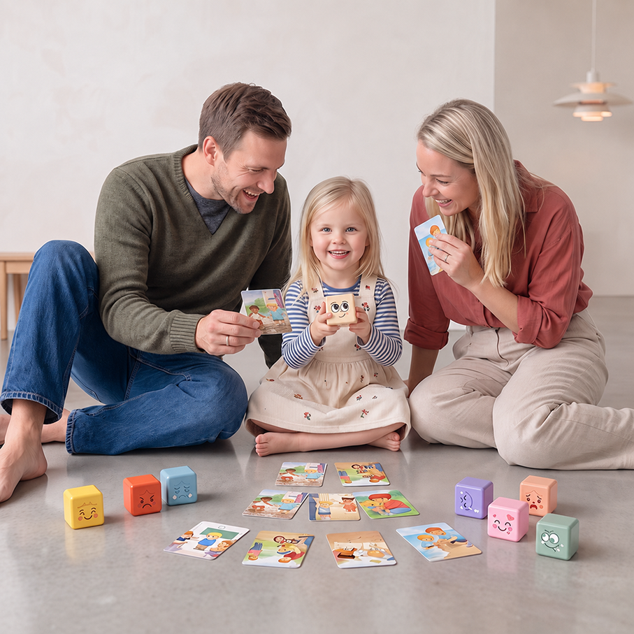 Mor, far og datter leger sammen med TUMLE MOODBLOCKS™ på gulvet