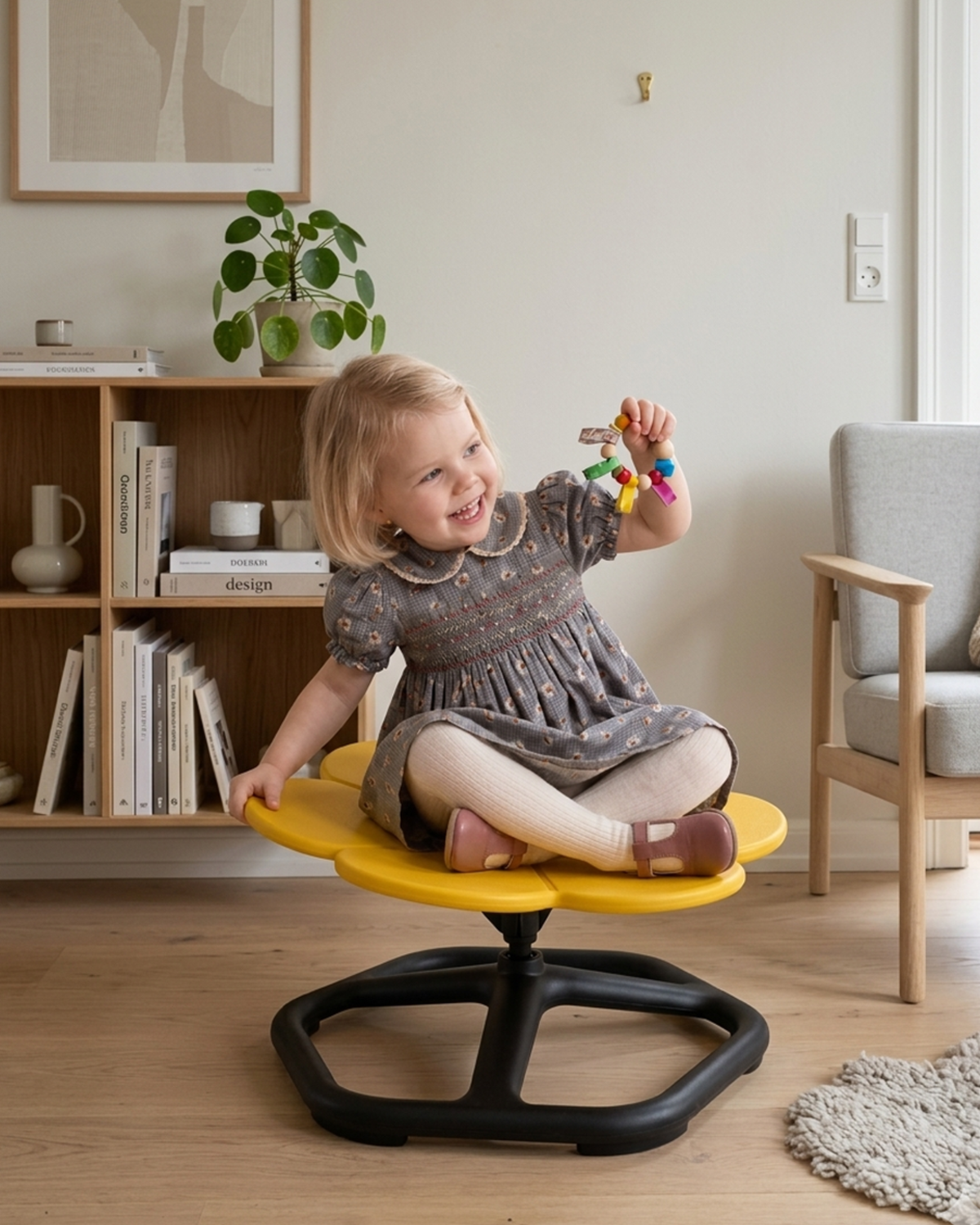 Pige leger på TUMLE SNURRESTOL™ i stuen