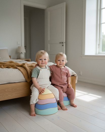 To småbørn sidder på det stablede tårn af TUMLE TRÆDESTEN™