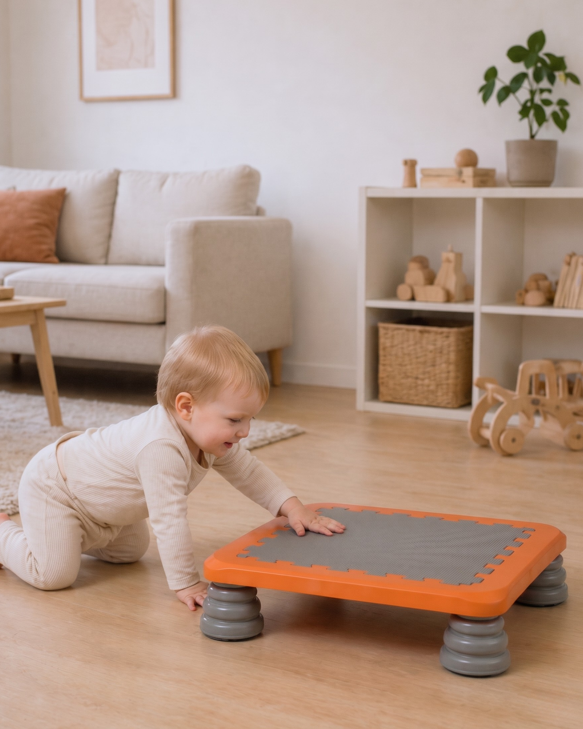 Baby kravler hen til TUMLE TRAMPOLIN™ på gulvet i stuen
