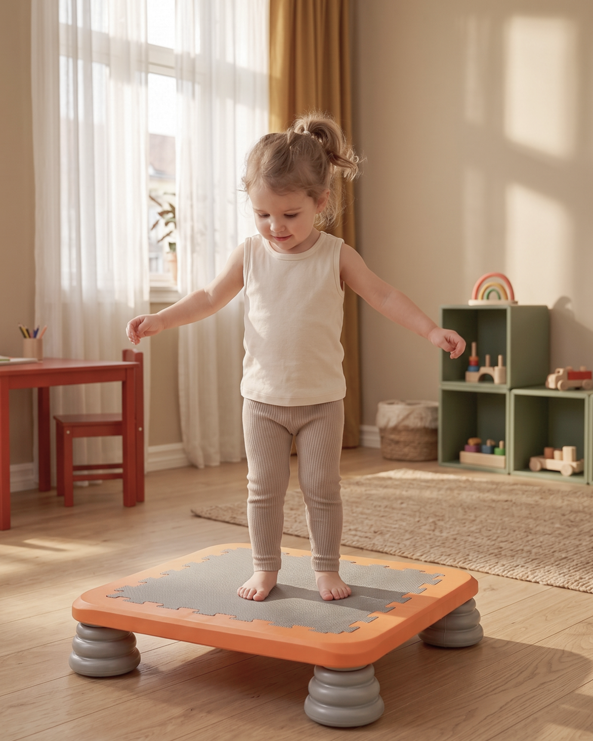 Lille pige balancerer på TUMLE TRAMPOLIN™ i stuen