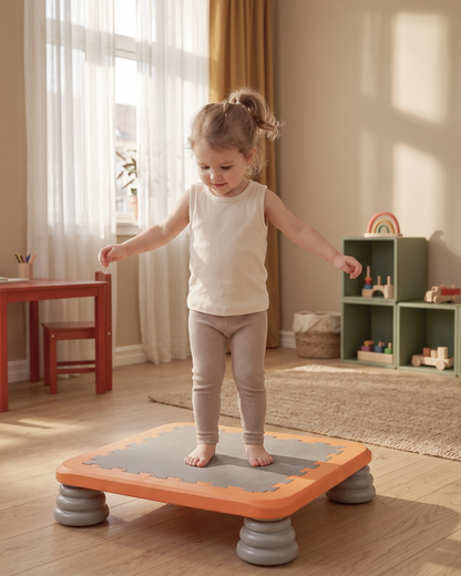 Lille pige balancerer på TUMLE TRAMPOLIN™ i stuen