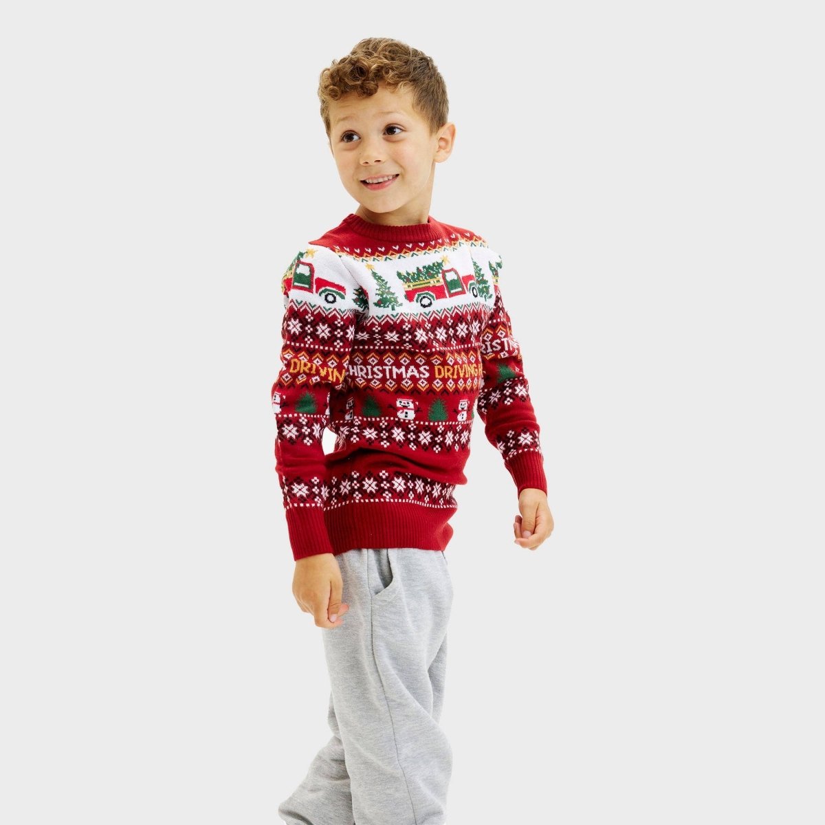 Julesweater til børn med julebiler, gavepakker og snefnug - tumle